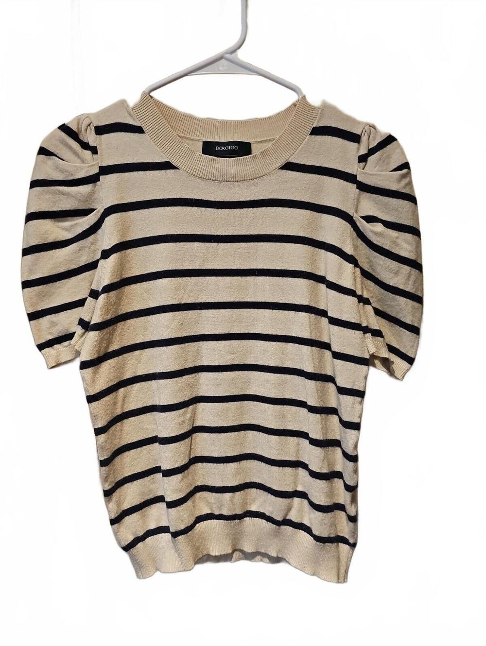 DOKOTOO Cream/Black Striped Knit Short Puff Sleeve Sweater Sz Small